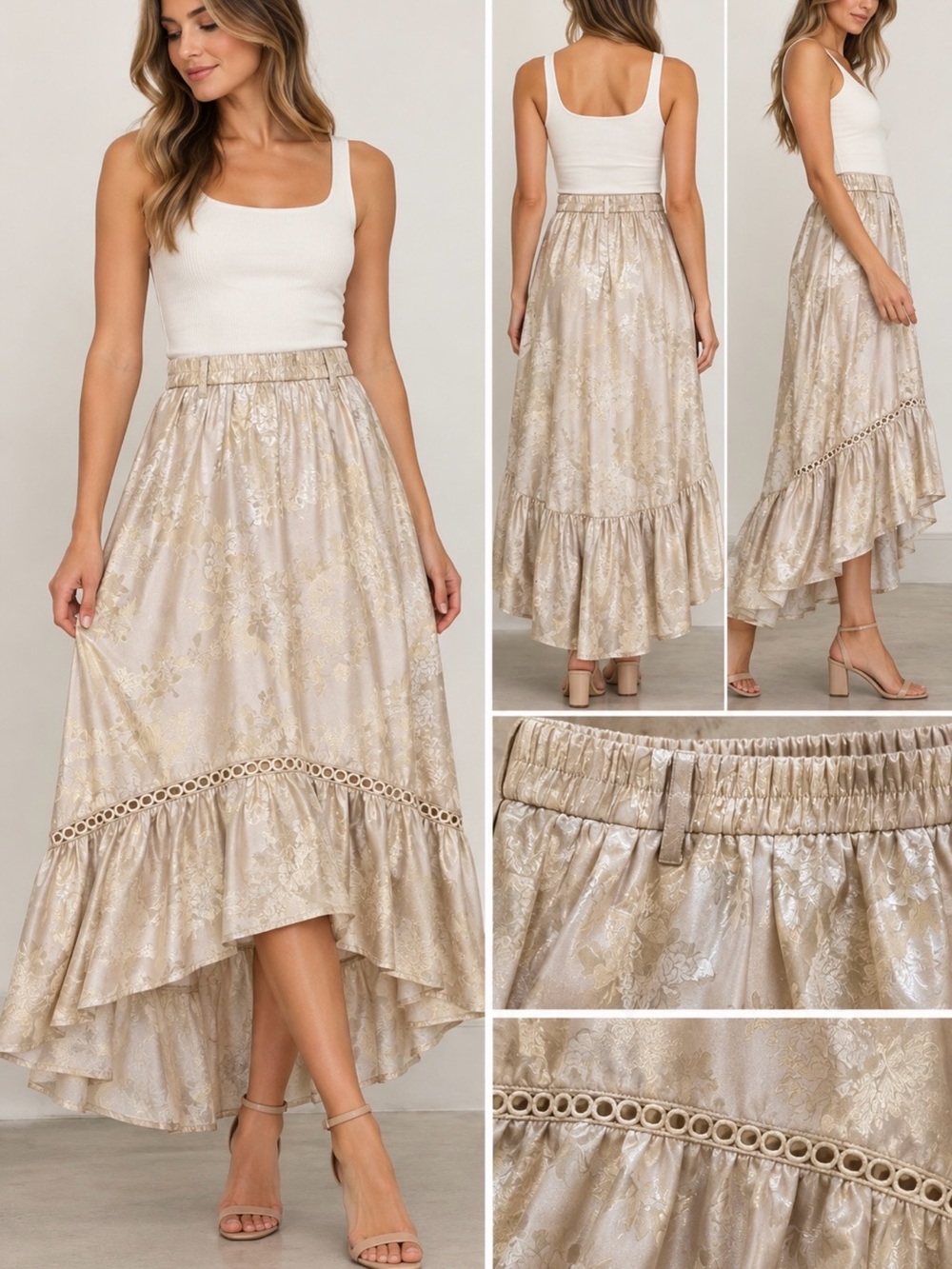 Alice + Blue Metallic Cream High-Low Ruffle Maxi Skirt ~ NWT